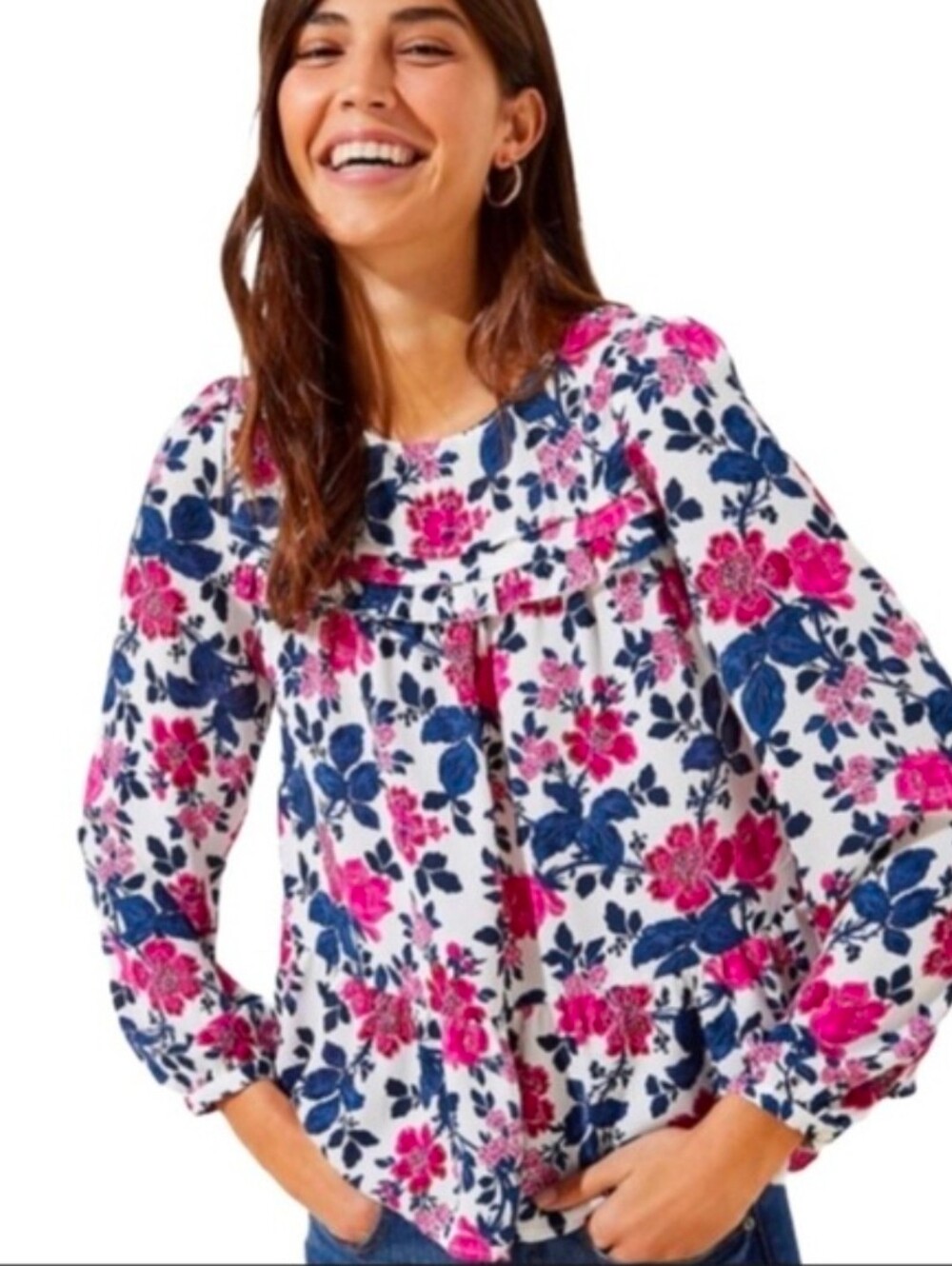 LOFT White Floral Pintuck Blouse with Pink & Navy Blooms Size XL